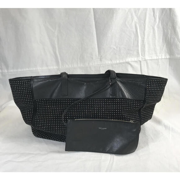 Saint Laurent Black Studded East West Reversible Tote Bag with Pouch